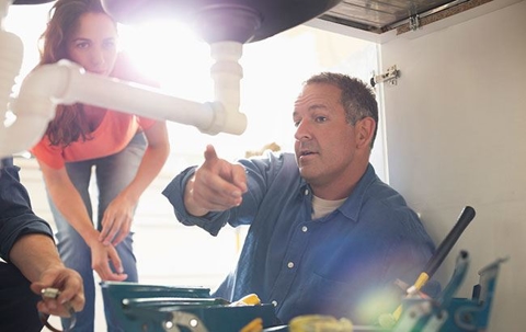 plumber pointing under a sink
